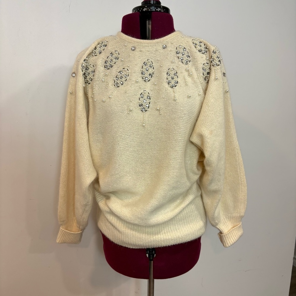 Vintage Elegant Silk Angora Cream Beaded Sweater with Embellishments sz M